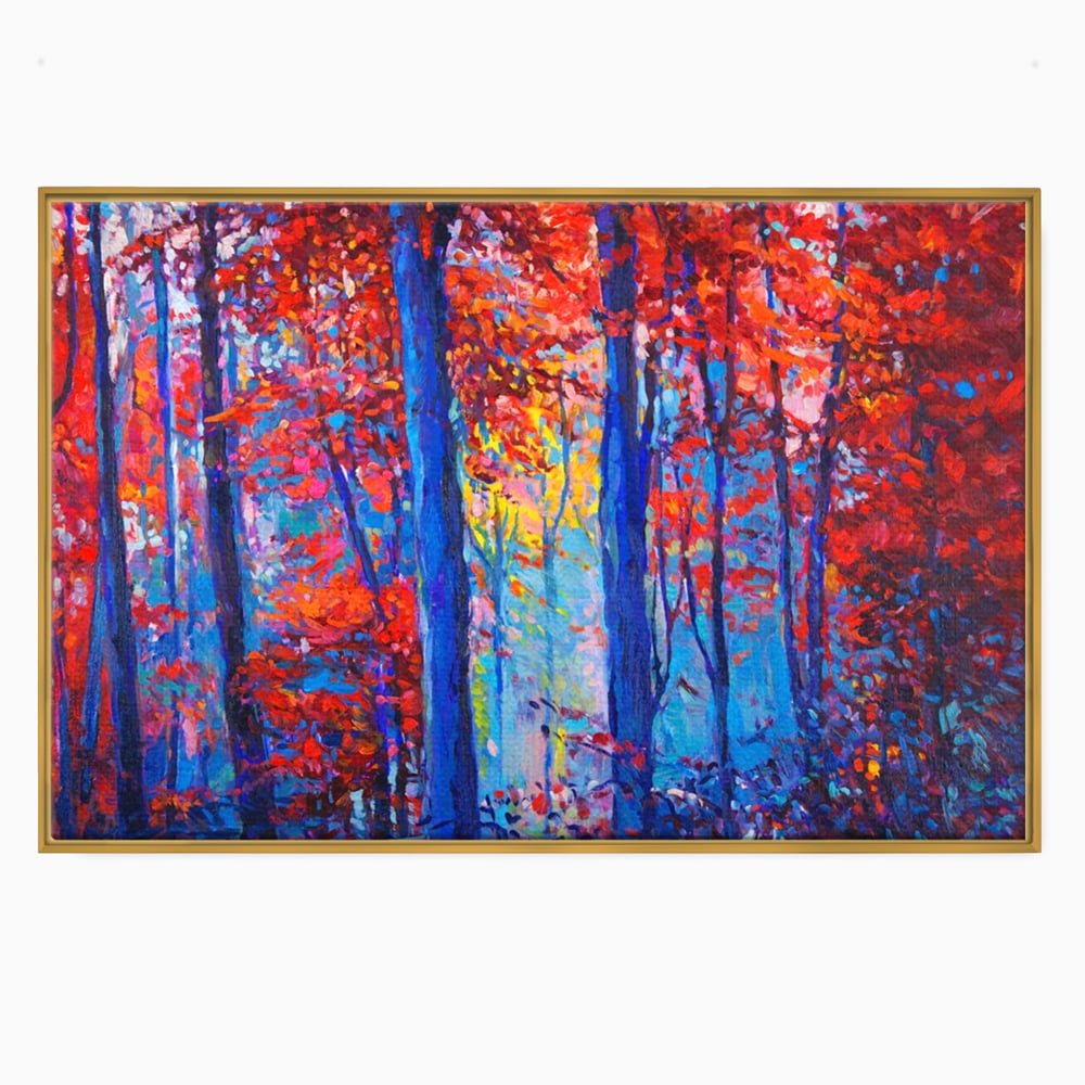 Tablou canvas cu pictura in ulei cu padure de toamna, in rama de aluminiu auriu